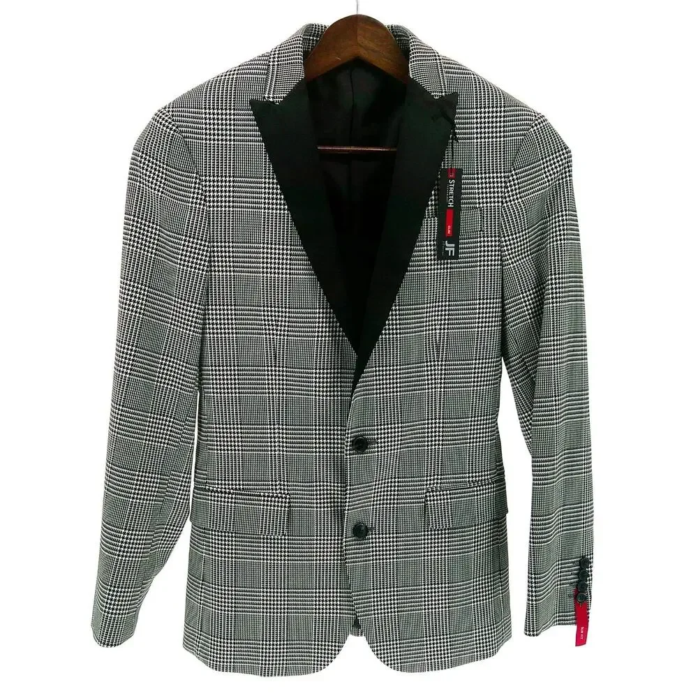Mens JF Ferrar Black Plaid Stretch Suit Jacket Blazer Small 34-36 Slim New